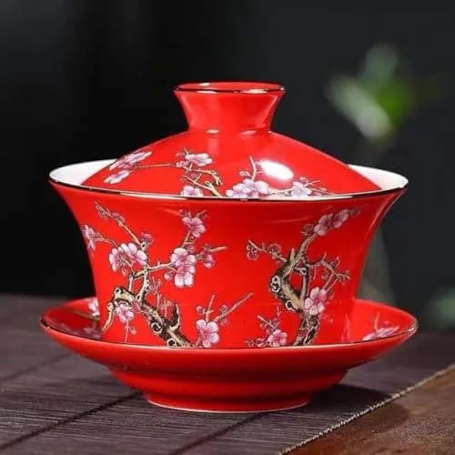 Eplze 10oz Ceramic Gaiwan Tea Cup with Embossed Plum Patterns (Red) | Traditional Chinese Teaware thumbnail 7