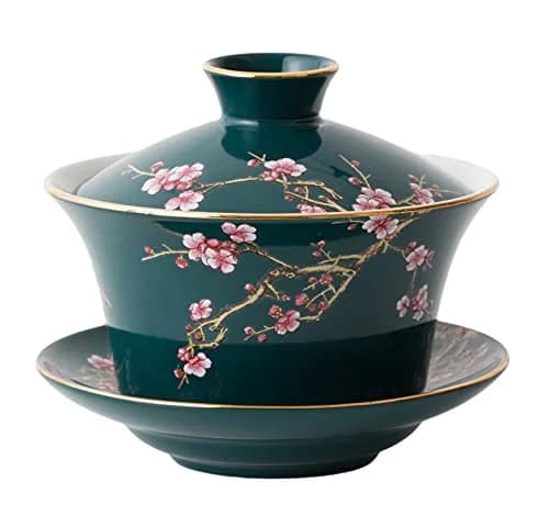 Eplze 10oz Large Gaiwan Ceramic Teacup - Embossed Plum Patterns (Green) | Elegant Asian Tea Cup thumbnail 1