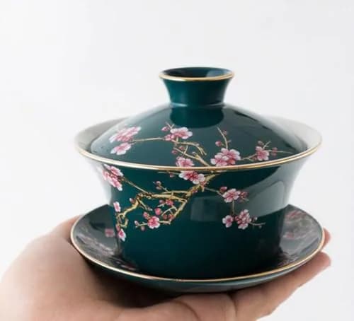 Eplze 10oz Large Gaiwan Ceramic Teacup - Embossed Plum Patterns (Green) | Elegant Asian Tea Cup thumbnail 4