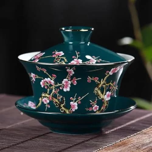 Eplze 10oz Large Gaiwan Ceramic Teacup - Embossed Plum Patterns (Green) | Elegant Asian Tea Cup thumbnail 6