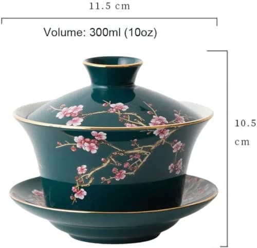 Eplze 10oz Large Gaiwan Ceramic Teacup - Embossed Plum Patterns (Green) | Elegant Asian Tea Cup thumbnail 2