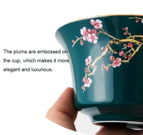Eplze 10oz Large Gaiwan Ceramic Teacup - Embossed Plum Patterns (Green) | Elegant Asian Tea Cup thumbnail 3