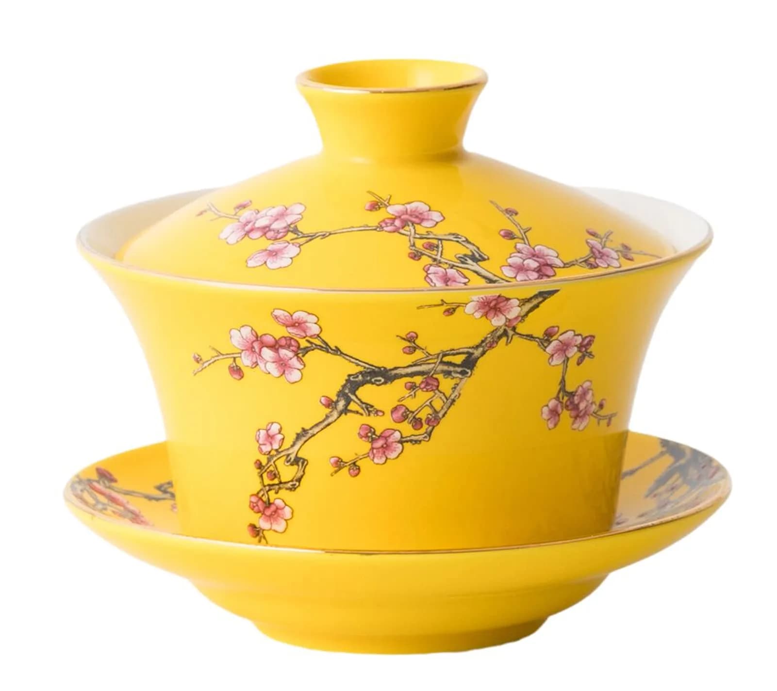 Eplze 10oz Ceramic Gaiwan - Embossed Plum Patterns Yellow | Elegant Traditional Tea Cup — Yellow