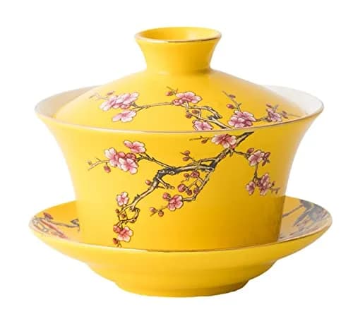 Eplze 10oz Ceramic Gaiwan - Embossed Plum Patterns Yellow | Elegant Traditional Tea Cup thumbnail 1