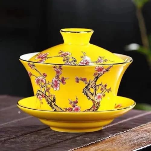Eplze 10oz Ceramic Gaiwan - Embossed Plum Patterns Yellow | Elegant Traditional Tea Cup thumbnail 4