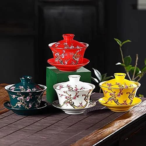 Eplze 10oz Ceramic Gaiwan - Embossed Plum Patterns Yellow | Elegant Traditional Tea Cup thumbnail 6