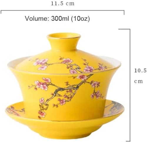 Eplze 10oz Ceramic Gaiwan - Embossed Plum Patterns Yellow | Elegant Traditional Tea Cup thumbnail 2
