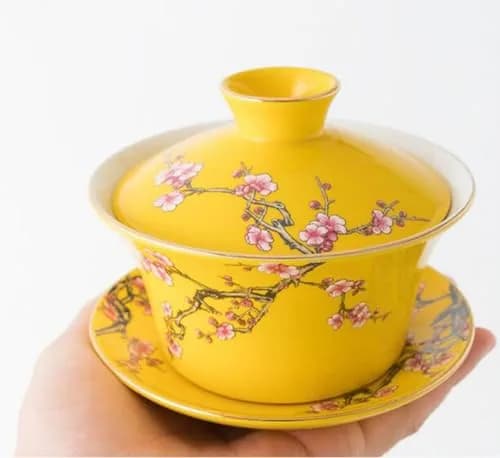 Eplze 10oz Ceramic Gaiwan - Embossed Plum Patterns Yellow | Elegant Traditional Tea Cup thumbnail 3