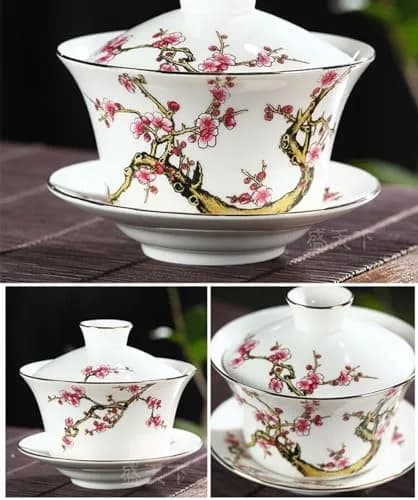 Eplze 10oz Ceramic Gaiwan with Embossed Plum Patterns | Elegant Chinese Tea Cup (300ml) thumbnail 4