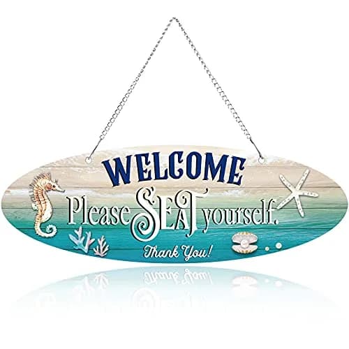 Hotop Beach Wall Decor Hanging Sign with Seashell Starfish | Vintage Style, 32cm x 10cm, Metal thumbnail 1