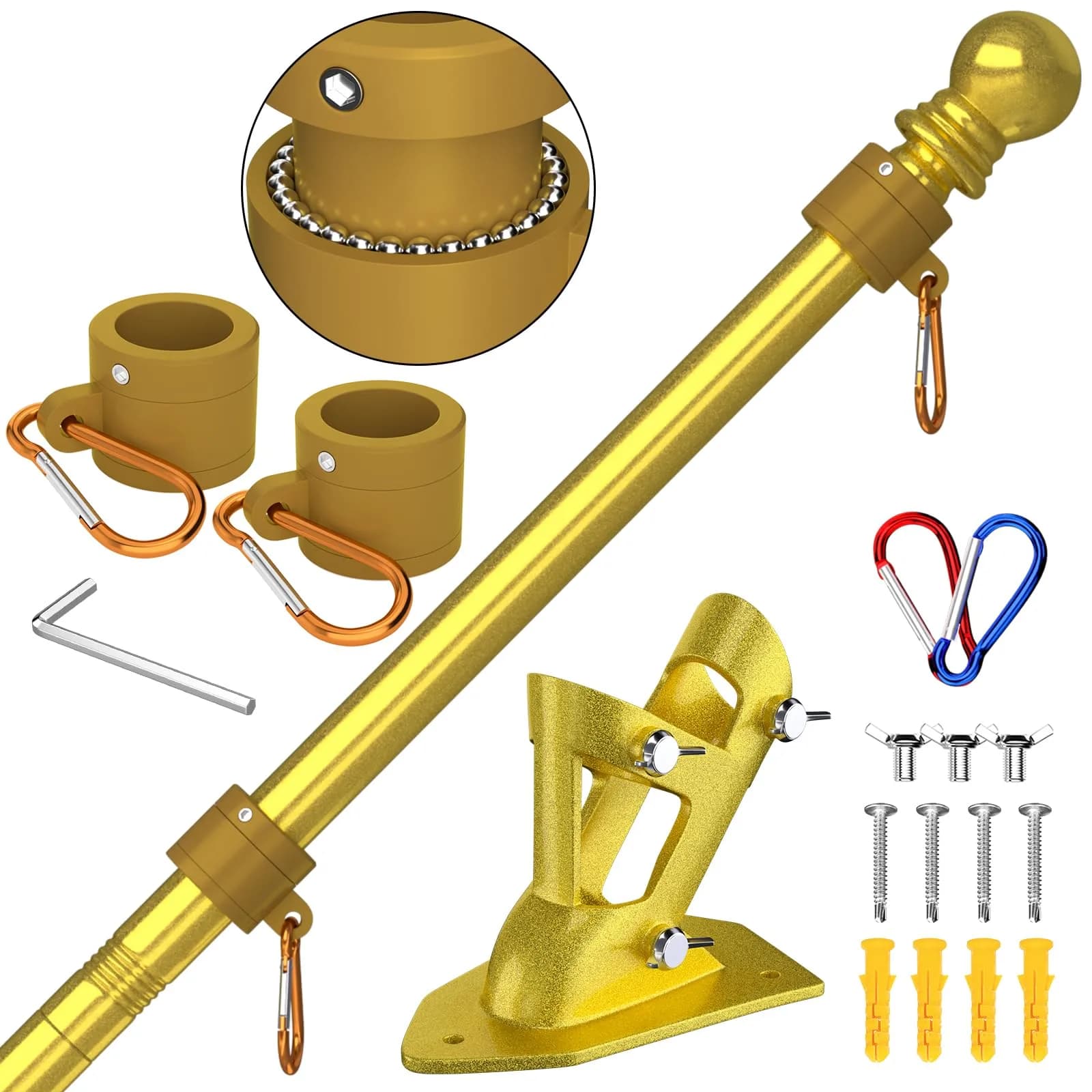 ZMTECH 6 FT Stainless Steel Flag Pole with Upgraded Bracket & Tangle-Free Rings | Adjustable Residential & Commercial Outdoor Use (Gold) — Gold