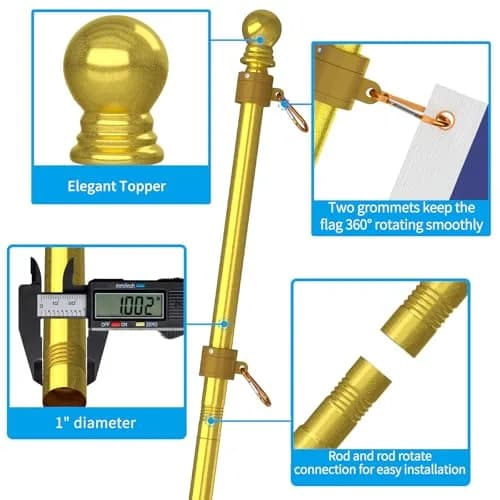 ZMTECH 6 FT Stainless Steel Flag Pole with Upgraded Bracket & Tangle-Free Rings | Adjustable Residential & Commercial Outdoor Use (Gold) thumbnail 5
