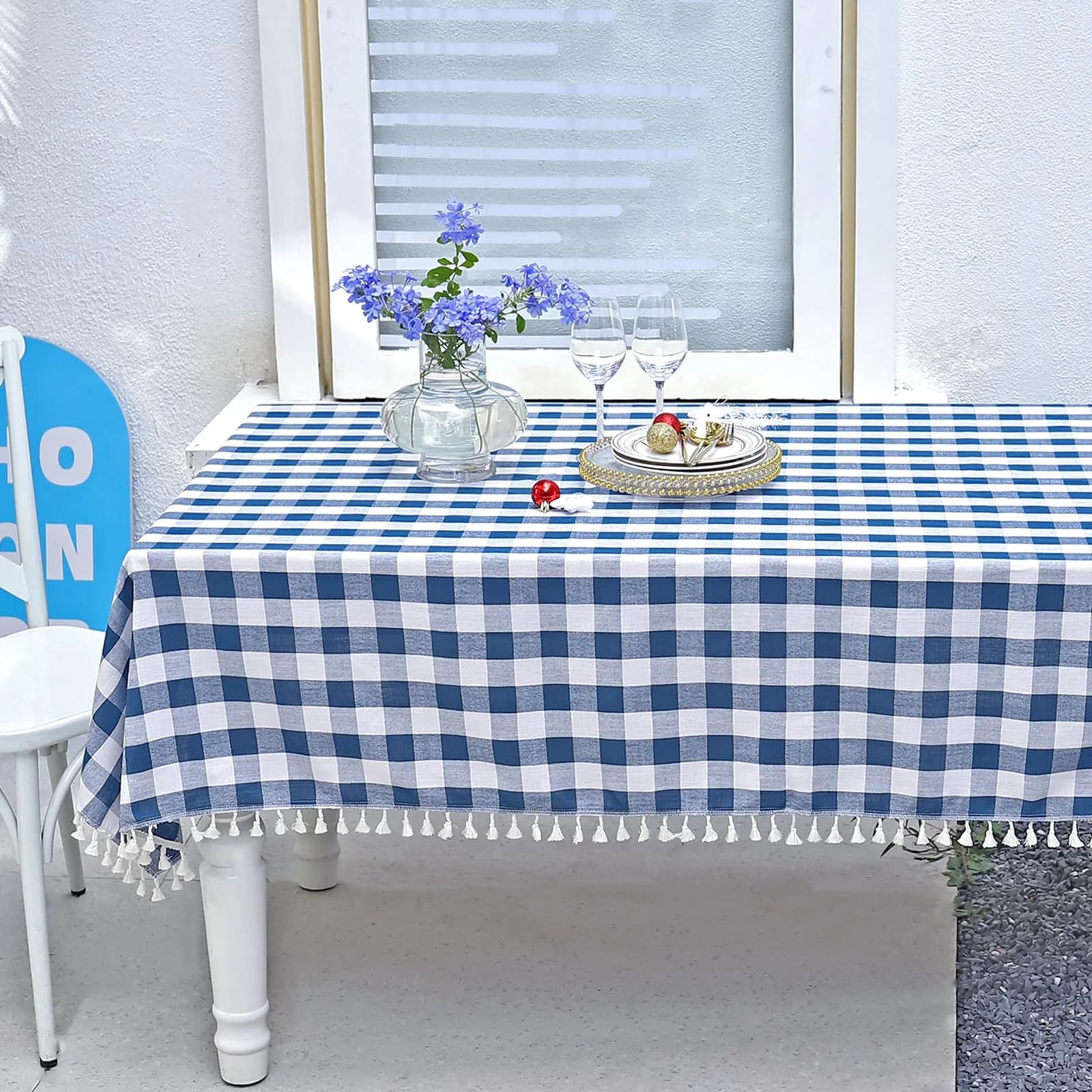 Midsummer Breeze Americana Navy Gingham Tablecloth Square 55”x55” | Farmhouse Checkered Cotton Blend — Navy