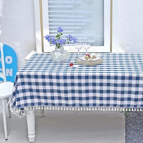 Midsummer Breeze Americana Navy Gingham Tablecloth Square 55”x55” | Farmhouse Checkered Cotton Blend thumbnail 1