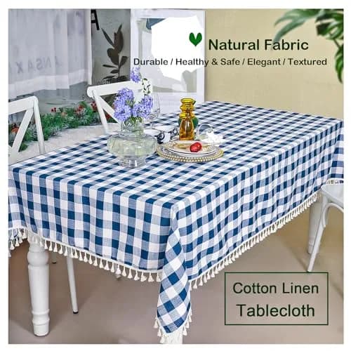 Midsummer Breeze Americana Navy Gingham Tablecloth Square 55”x55” | Farmhouse Checkered Cotton Blend thumbnail 5