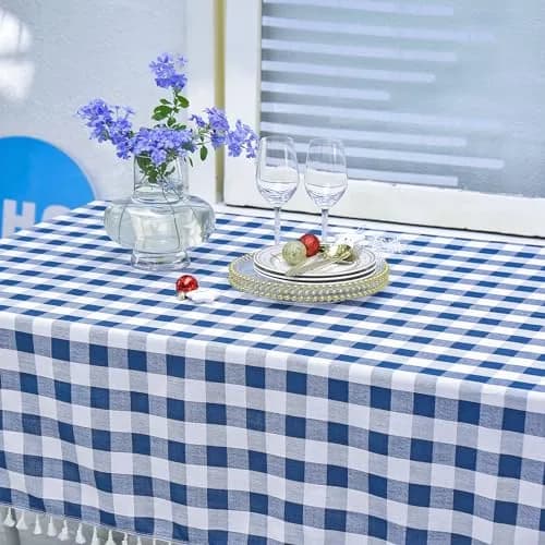 Midsummer Breeze Americana Navy Gingham Tablecloth Square 55”x55” | Farmhouse Checkered Cotton Blend thumbnail 6