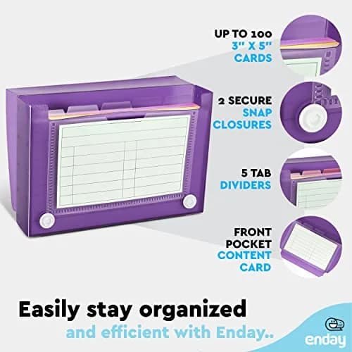 Enday Index Card Holder 3x5 | Durable Plastic Organizer with 5 Tab Dividers, Holds 100 Cards, Purple thumbnail 3