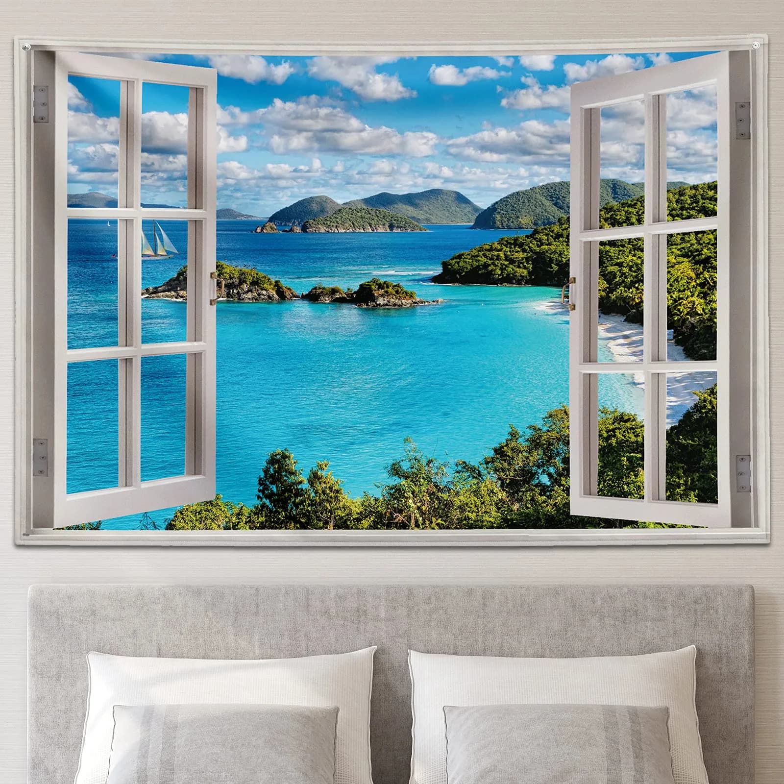 GOURIDA Nature Tapestry Blue Ocean Sea Beach Wall Hanging 61 x 41 inch | Tropical Island Seaside Decor