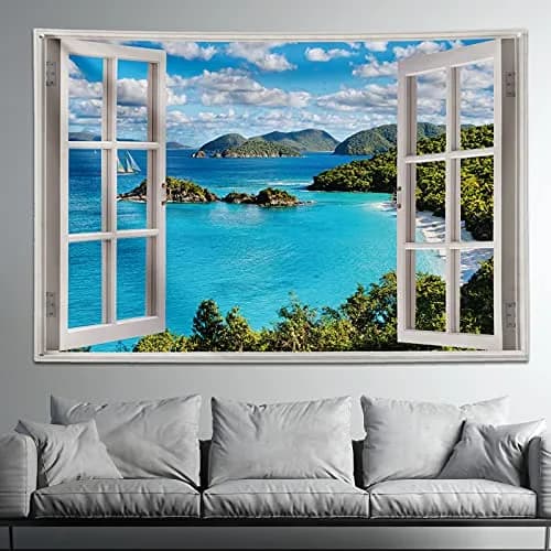 GOURIDA Nature Tapestry Blue Ocean Sea Beach Wall Hanging 61 x 41 inch | Tropical Island Seaside Decor thumbnail 4