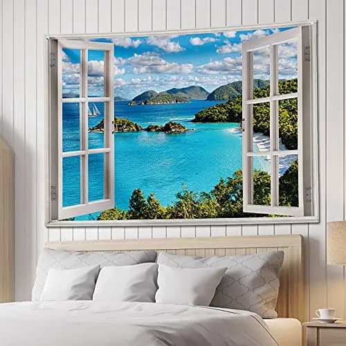GOURIDA Nature Tapestry Blue Ocean Sea Beach Wall Hanging 61 x 41 inch | Tropical Island Seaside Decor thumbnail 6