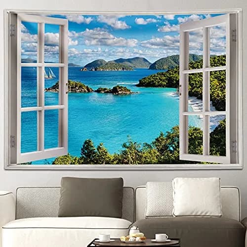 GOURIDA Nature Tapestry Blue Ocean Sea Beach Wall Hanging 61 x 41 inch | Tropical Island Seaside Decor thumbnail 3