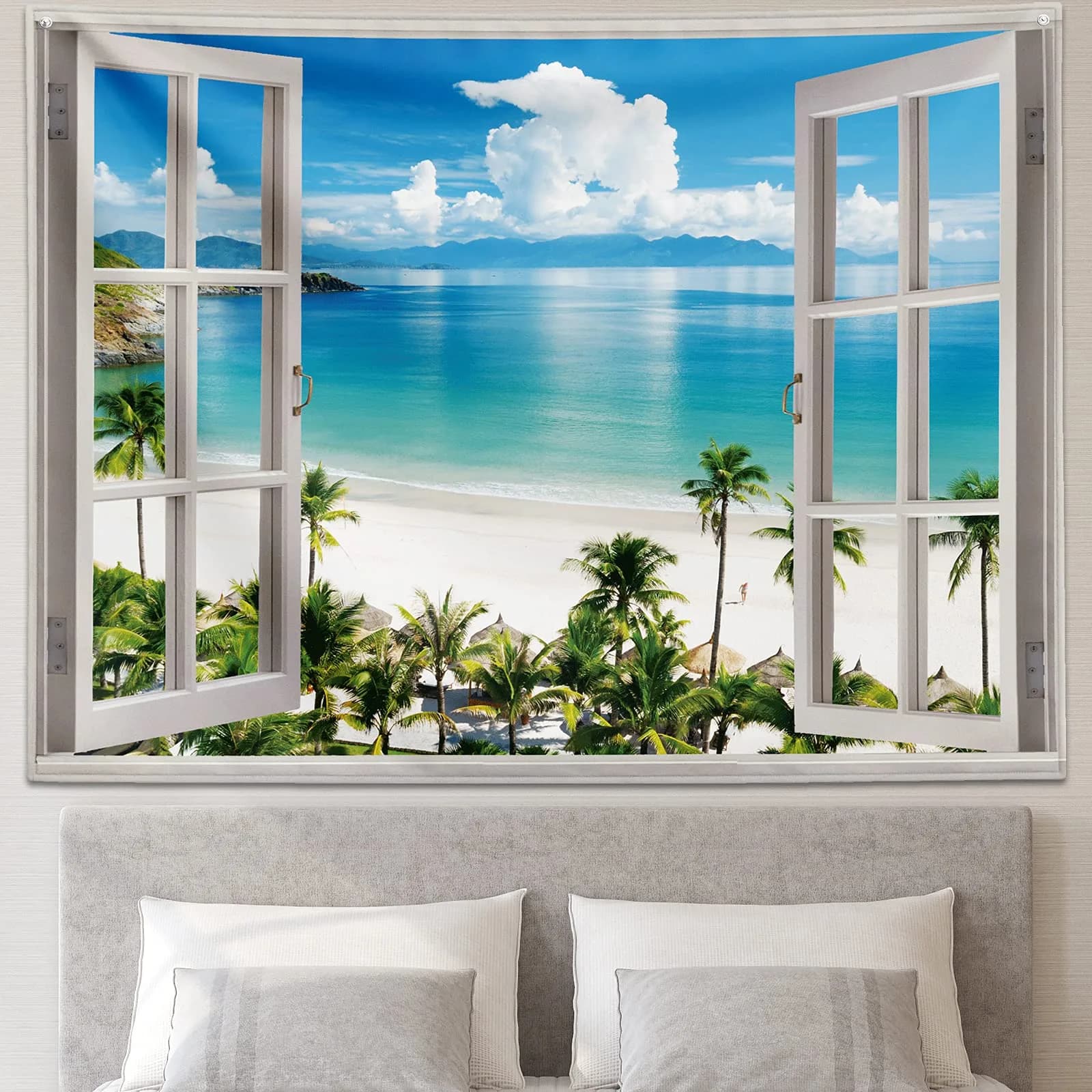 GOURIDA Beach Tapestry,Blue Ocean Sea Tropical Island Palm Tree Scenic View from Balcony Summer Scenery Wall Hanging 82x61 inch — Blue