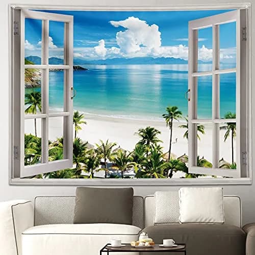 GOURIDA Beach Tapestry,Blue Ocean Sea Tropical Island Palm Tree Scenic View from Balcony Summer Scenery Wall Hanging 82x61 inch thumbnail 4