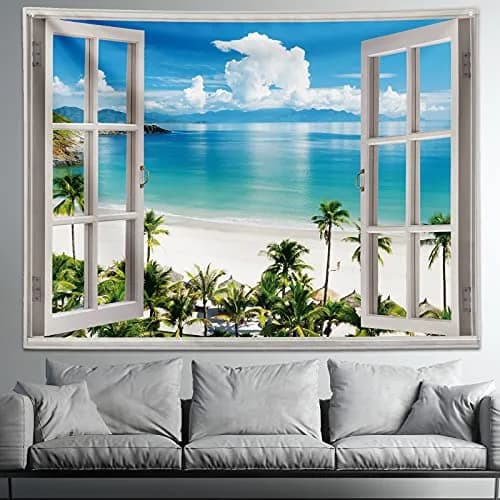 GOURIDA Beach Tapestry,Blue Ocean Sea Tropical Island Palm Tree Scenic View from Balcony Summer Scenery Wall Hanging 82x61 inch thumbnail 5