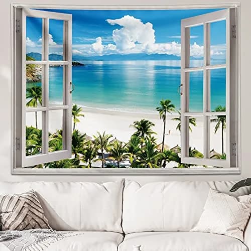 GOURIDA Beach Tapestry,Blue Ocean Sea Tropical Island Palm Tree Scenic View from Balcony Summer Scenery Wall Hanging 82x61 inch thumbnail 6