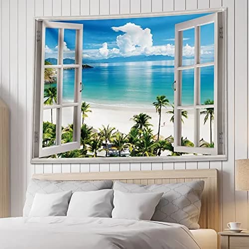 GOURIDA Beach Tapestry,Blue Ocean Sea Tropical Island Palm Tree Scenic View from Balcony Summer Scenery Wall Hanging 82x61 inch thumbnail 7