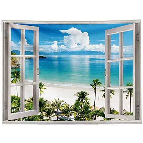 GOURIDA Beach Tapestry,Blue Ocean Sea Tropical Island Palm Tree Scenic View from Balcony Summer Scenery Wall Hanging 82x61 inch thumbnail 2