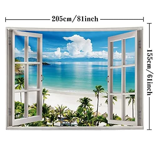 GOURIDA Beach Tapestry,Blue Ocean Sea Tropical Island Palm Tree Scenic View from Balcony Summer Scenery Wall Hanging 82x61 inch thumbnail 3
