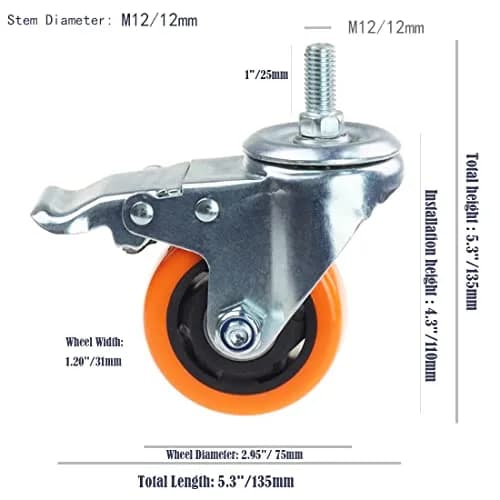 YEWEKE Heavy Duty Swivel Wheels 3 Inch Yellow PVC Casters M12-1.75x25mm | Up to 1200 Lbs Industrial & Furniture Casters thumbnail 6