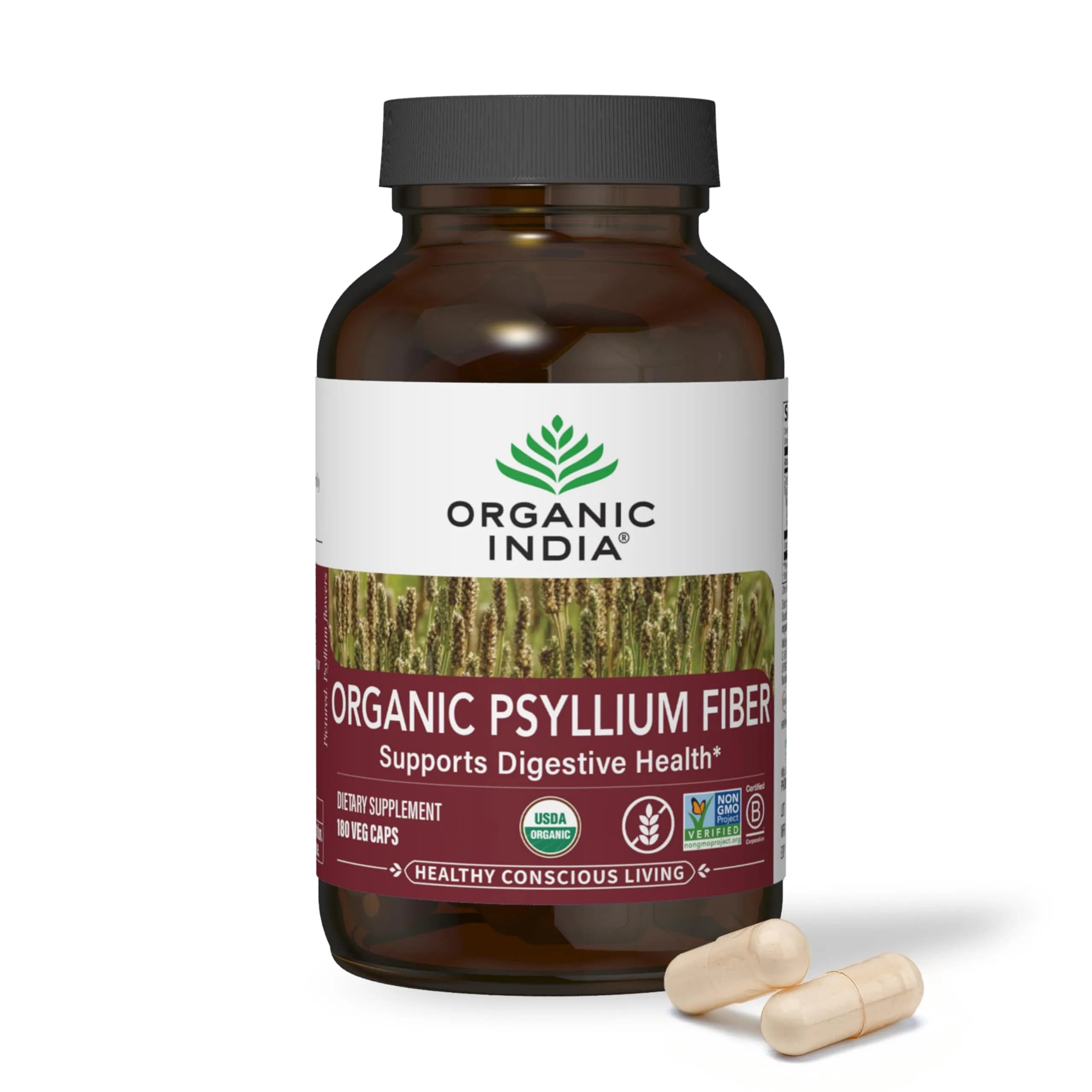 ORGANIC INDIA Psyllium Husk Capsules 180 Count | Vegan Fiber Supplement for Healthy Digestion