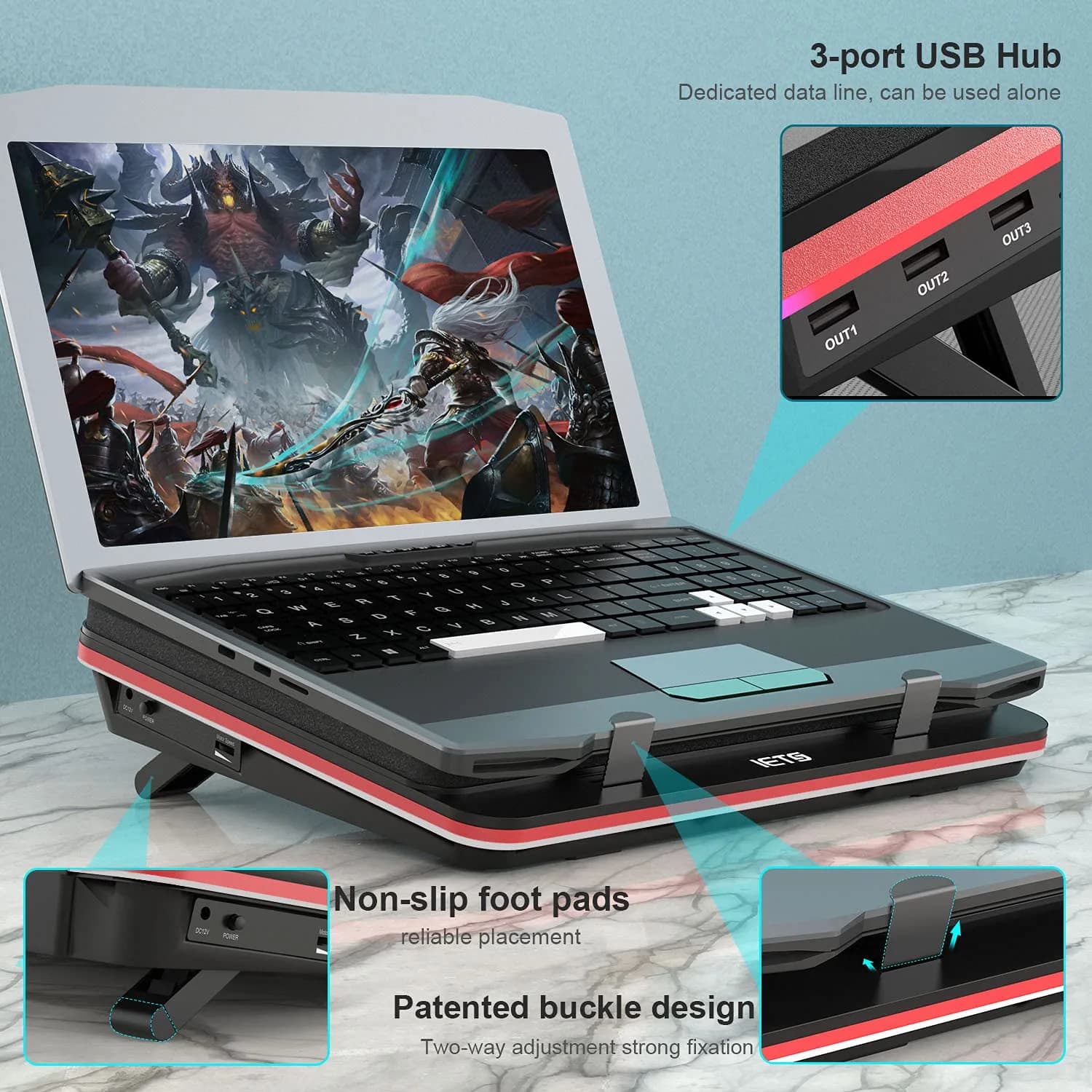 IETS GT500 Laptop Cooling Pad V1 (Hub) - 5000 RPM, Variable Speed, 3-Port USB Hub - view 4
