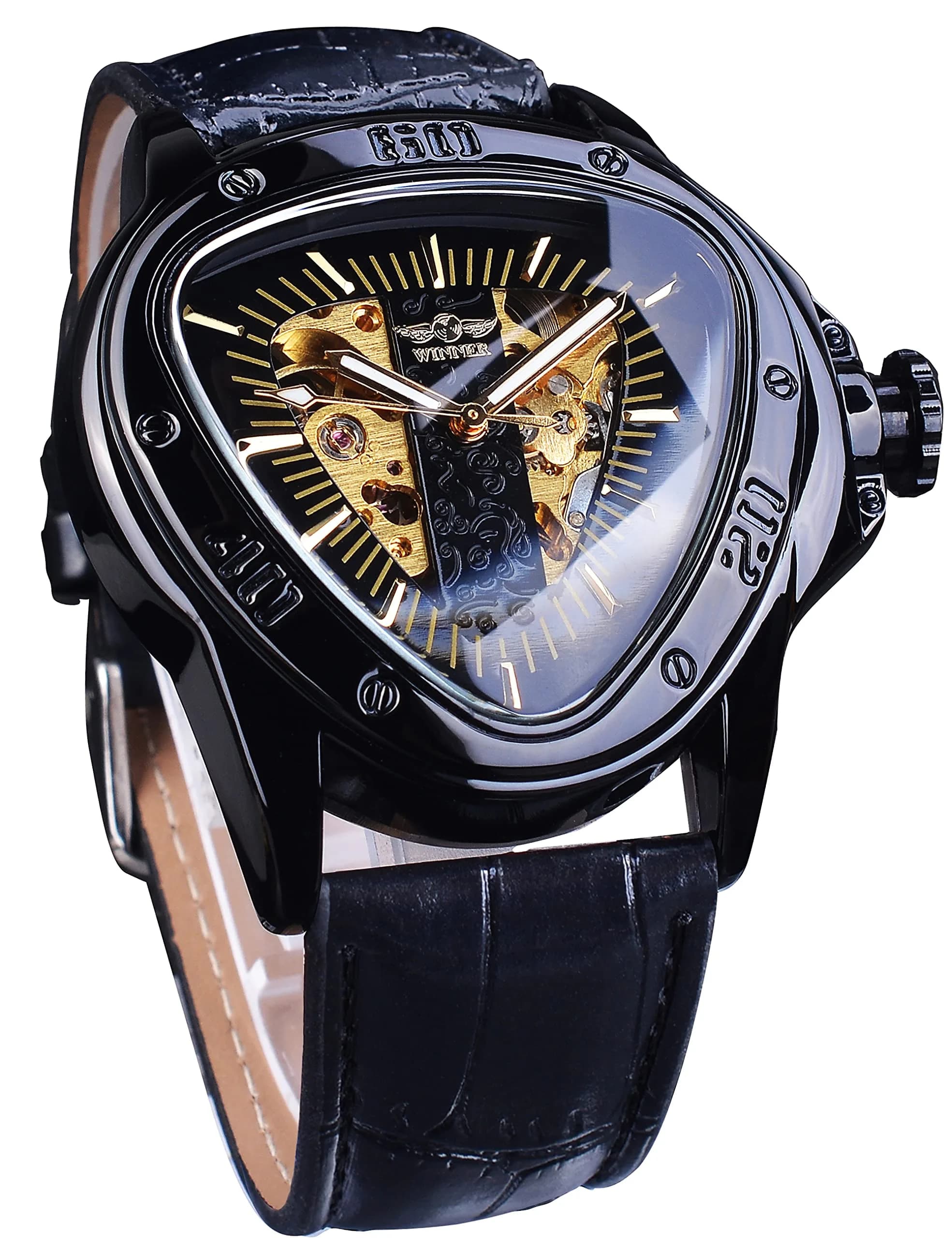 FORSINING Jaragar Black Automatic Mechanical Watch for Men | 45mm Golden Skeleton Dial, Genuine Leather Strap - main product image