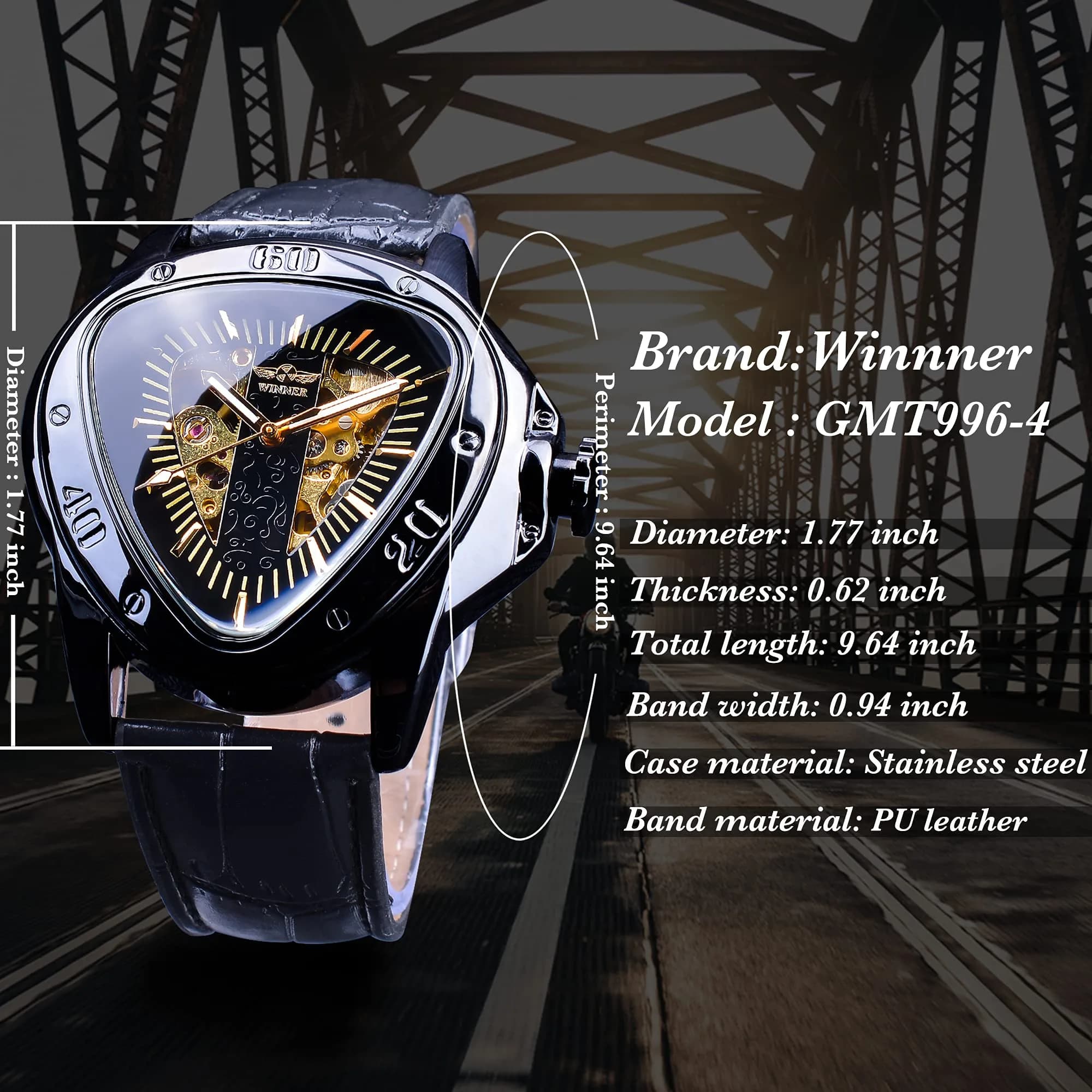 FORSINING Men's Mechanical Watch Triangle Racing Dial 45mm (Black) | Automatic Self-Winding - view 5