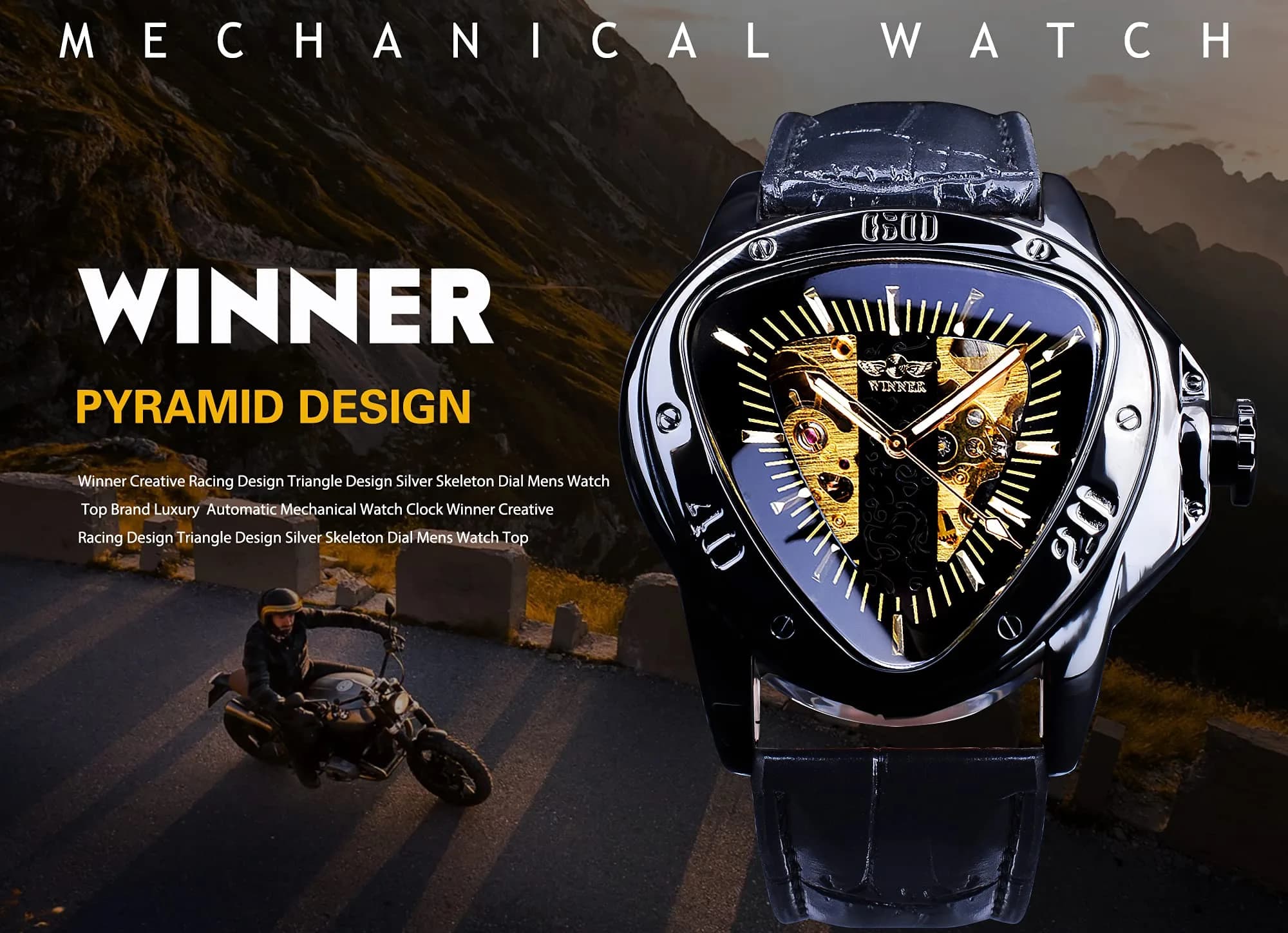FORSINING Jaragar Black Automatic Mechanical Watch for Men | 45mm Golden Skeleton Dial, Genuine Leather Strap - view 2