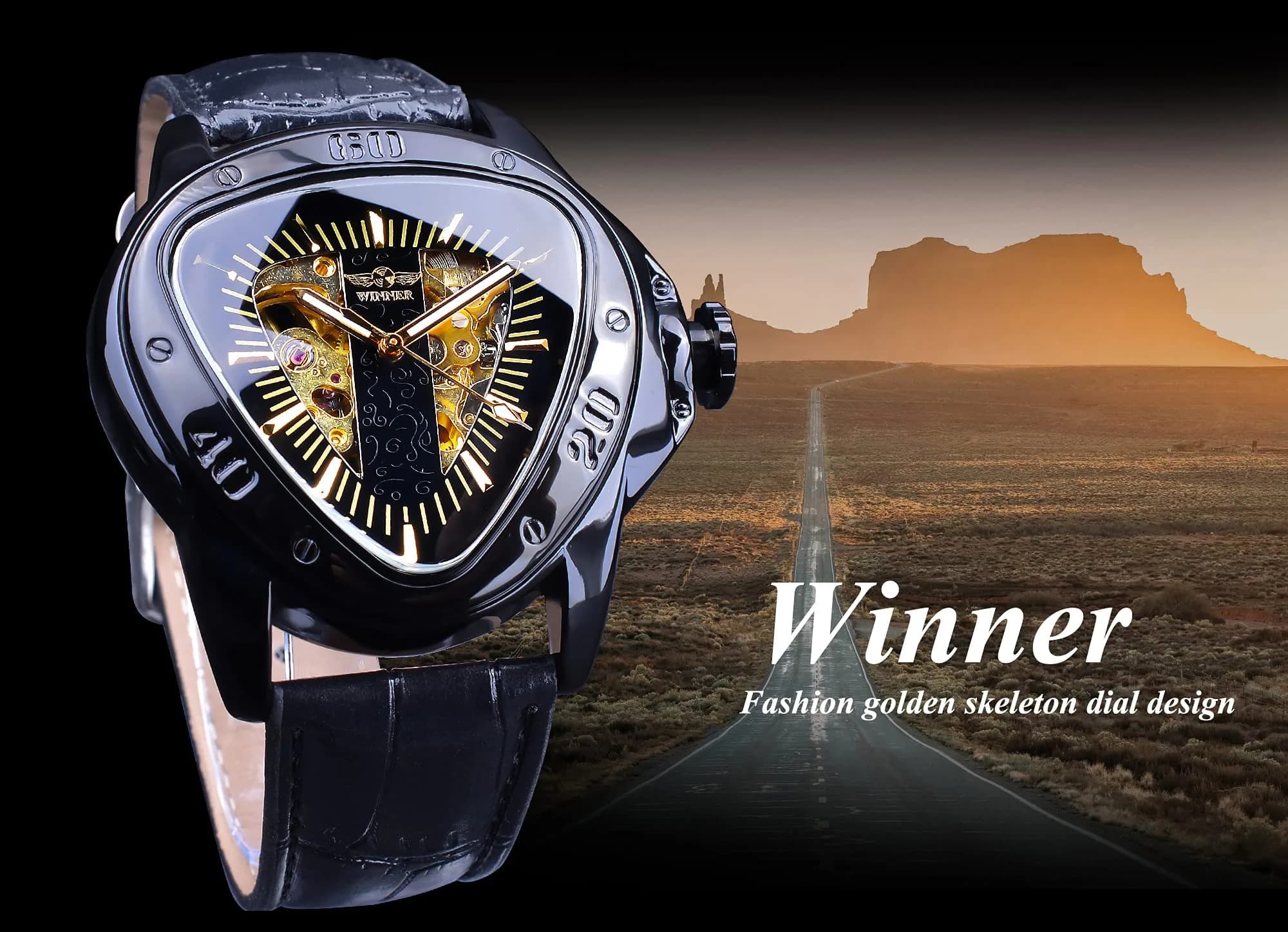 FORSINING Jaragar Black Automatic Mechanical Watch for Men | 45mm Golden Skeleton Dial, Genuine Leather Strap - view 3
