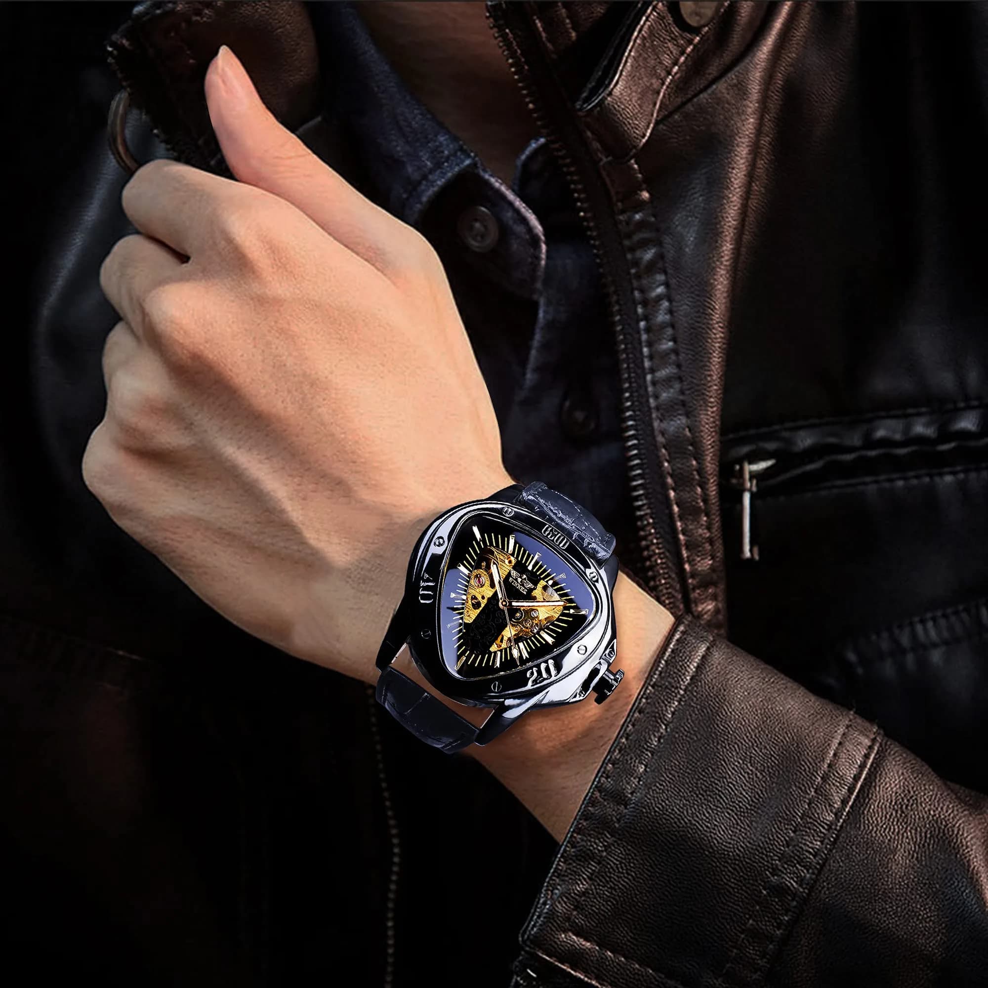 FORSINING Jaragar Black Automatic Mechanical Watch for Men | 45mm Golden Skeleton Dial, Genuine Leather Strap - view 4