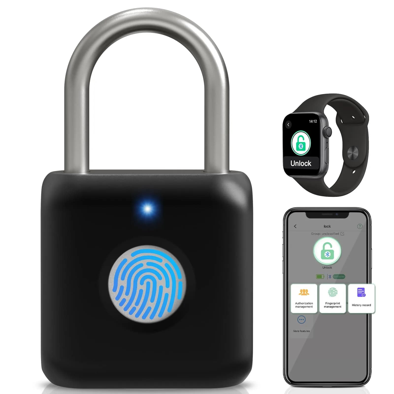 Pothunder Fingerprint Padlock Black | Smart APP Unlock, USB Rechargeable Locker Lock for Gym Doors — Onyx Black