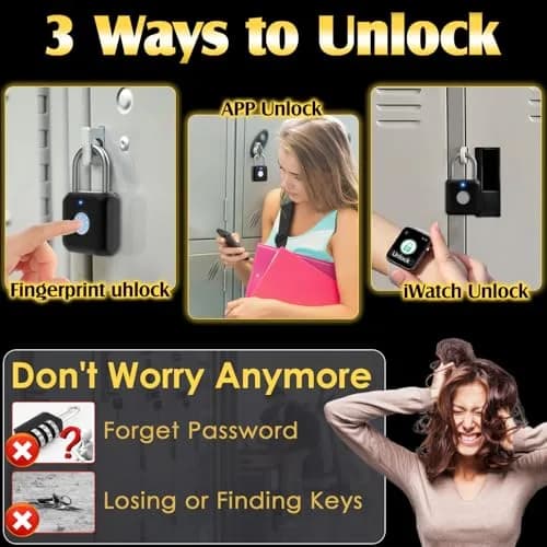 Pothunder Fingerprint Padlock Black | Smart APP Unlock, USB Rechargeable Locker Lock for Gym Doors thumbnail 2