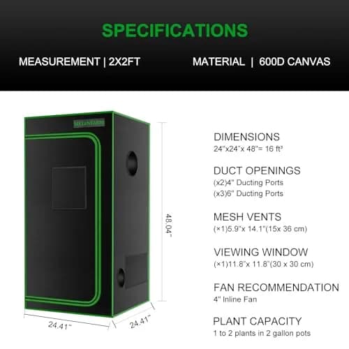MELONFARM 2x2 Grow Tent 24"x24"x48" | High Reflective 600D Diamond Mylar for Indoor Plants thumbnail 7