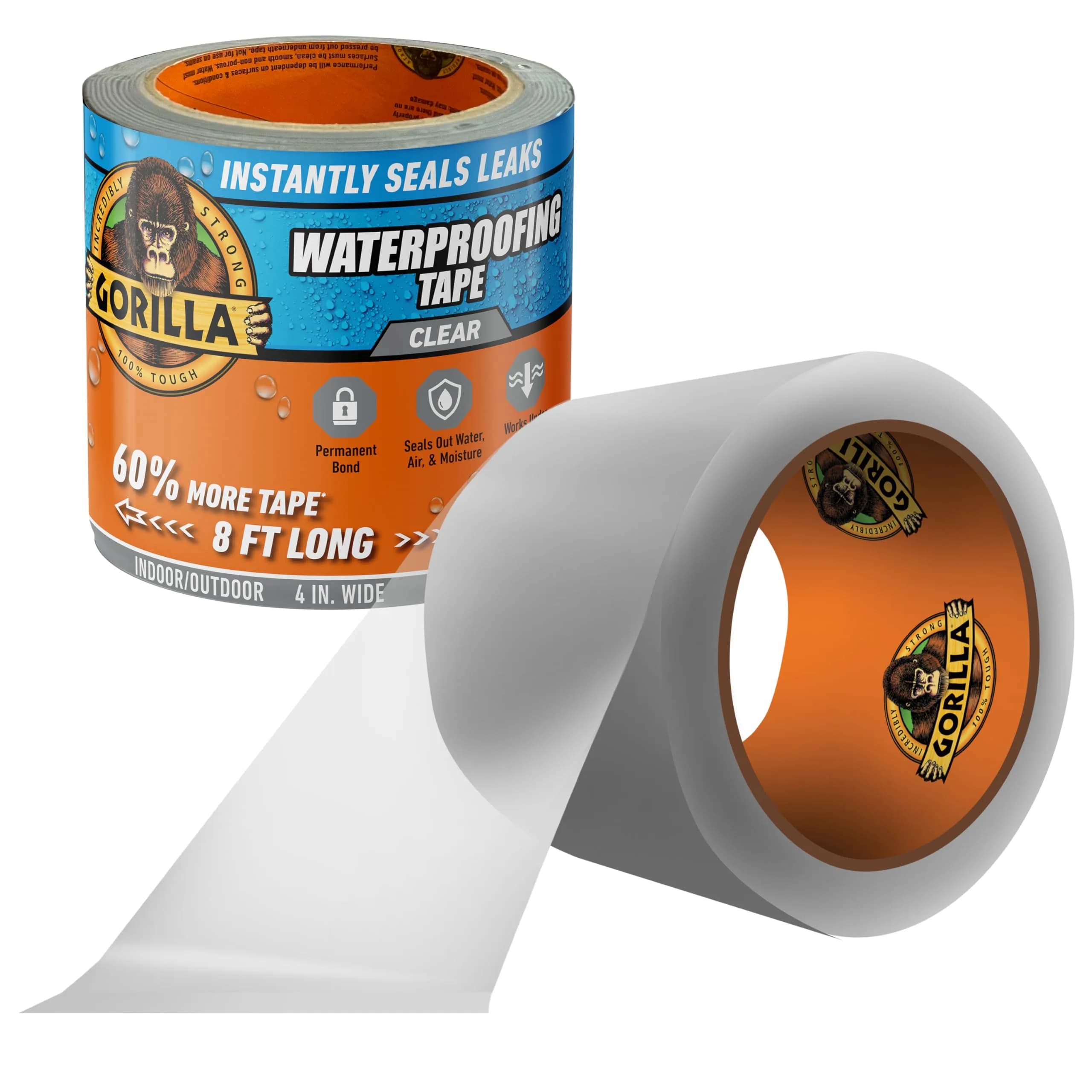 Gorilla Waterproof Patch & Seal Tape Black 4" x 10' (10 ft x 4 in) | Seals Water, Air, Moisture Permanently — Clear