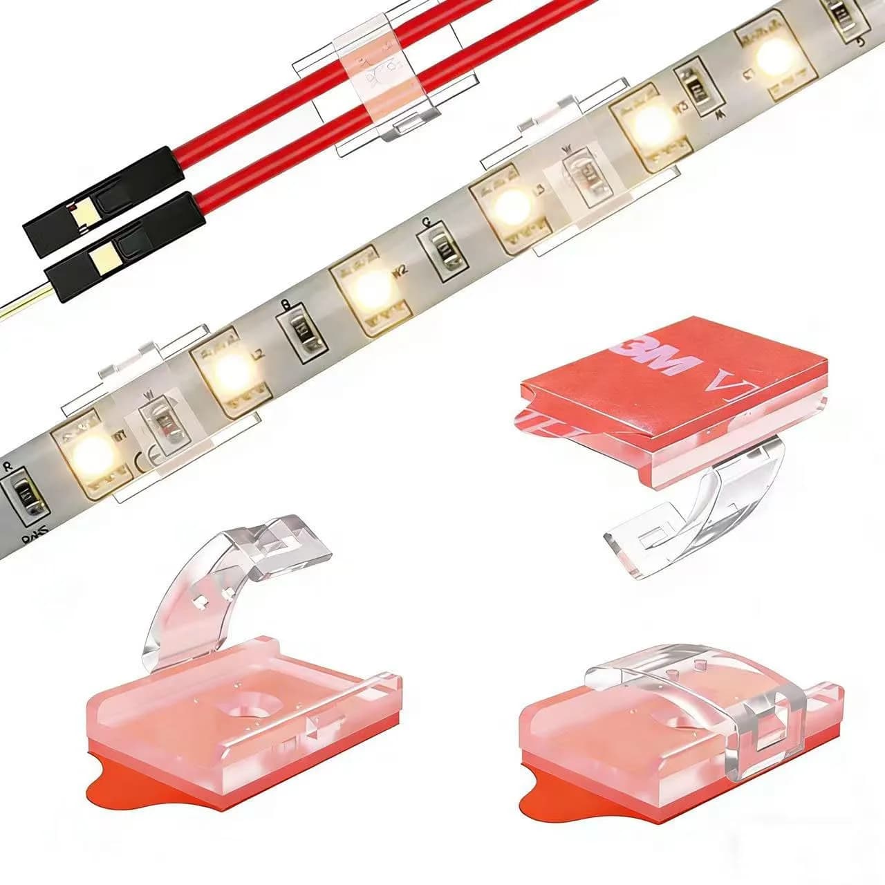 ATB- LED Strip Light Mounting Brackets 100 Pack | Dual Installation for 8-10mm Width Strips — Clear