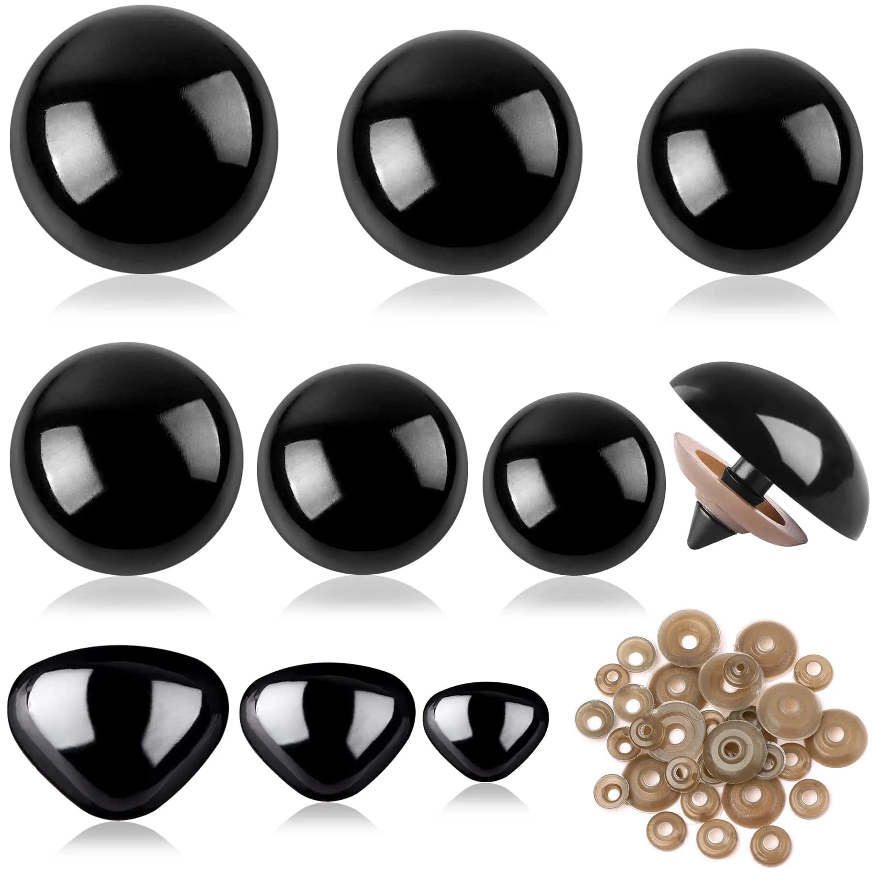 UPINS Large Safety Eyes and Nose Set 180 Pcs with Washers | 12-30mm Black Plastic for Amigurumi & Crafts - main product image