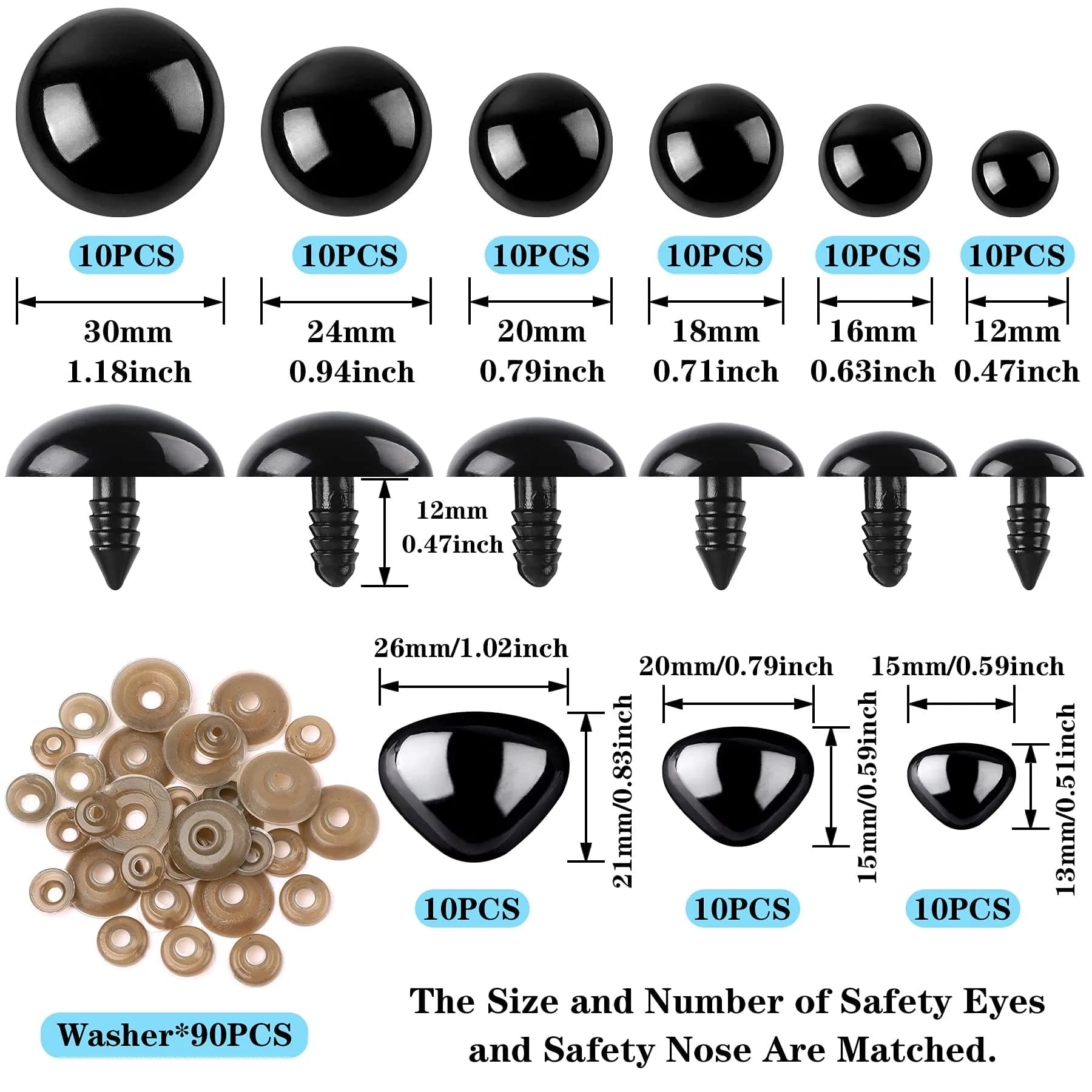 UPINS Large Safety Eyes and Nose Set 180 Pcs with Washers | 12-30mm Black Plastic for Amigurumi & Crafts - view 2