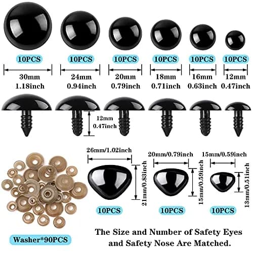 UPINS Large Safety Eyes and Nose Set 180 Pcs with Washers | 12-30mm Black Plastic for Amigurumi & Crafts thumbnail 2