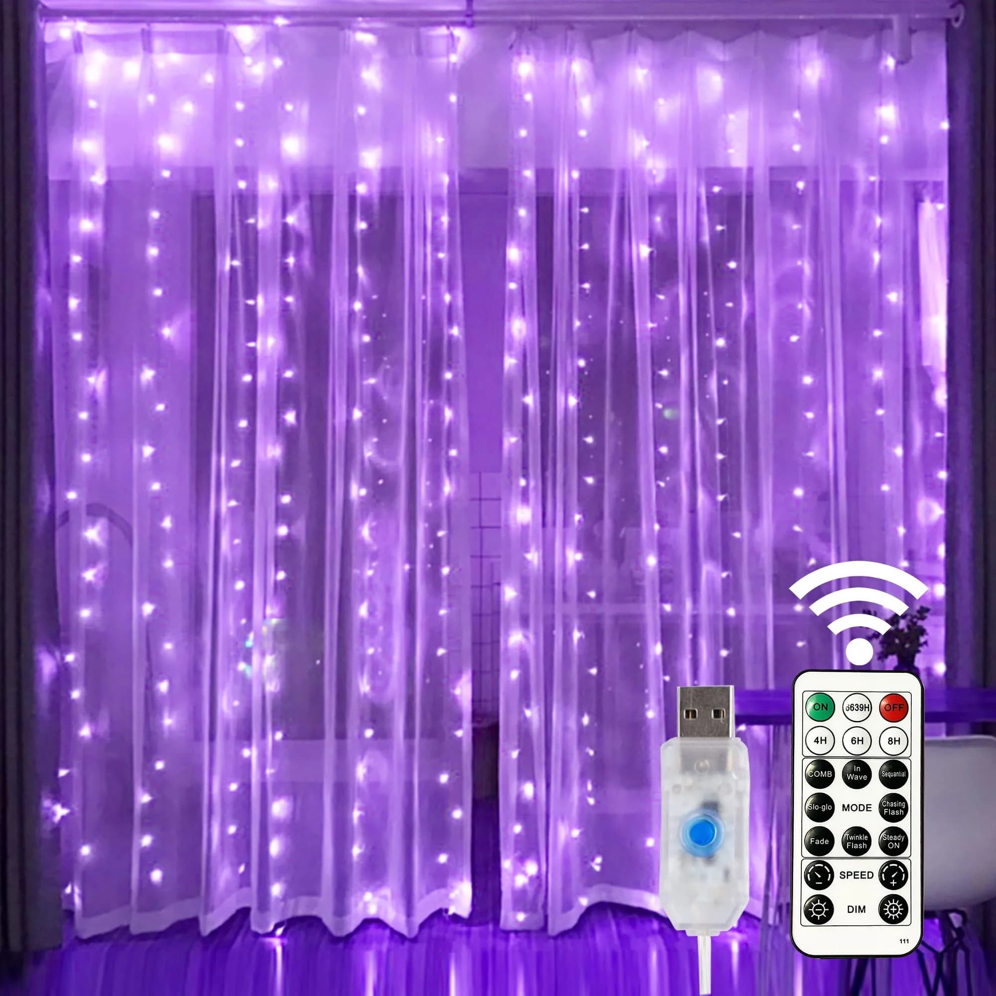 HOME LIGHTING Window Curtain String Lights, 300 LED Purple | 8 Modes, USB Powered, Indoor & Outdoor (70-120c)