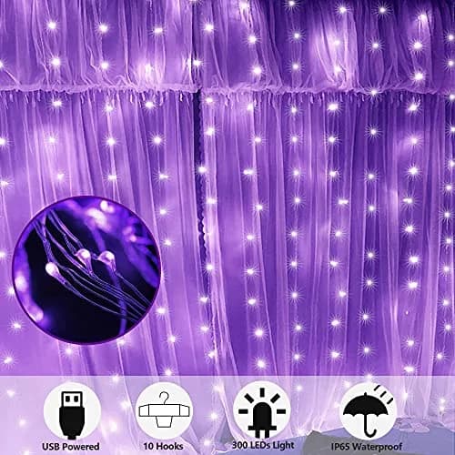 HOME LIGHTING Window Curtain String Lights, 300 LED Purple | 8 Modes, USB Powered, Indoor & Outdoor (70-120c) thumbnail 2